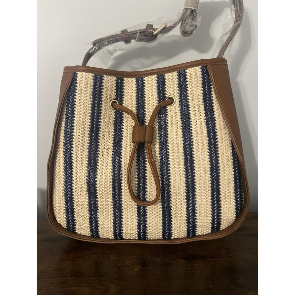 Woven Straw Bucket Shoulder Bag Blue Stripe Tan Trim Boho Summer‎ Tote 12"